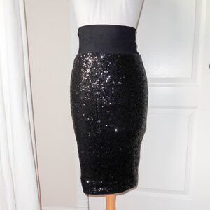 Bebe NWT Black Sequin Covered Downtown Midi Skirt Small